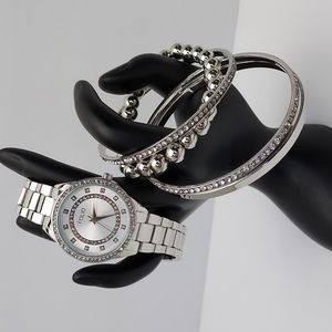 Women's Folio Silver Tone Watch & Silver Tone Bracelet Set